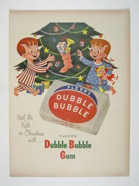 Print Ad 1950s Fleers Dubble Bubble Gum Christmas Holiday Treat Kids Vintage MOD